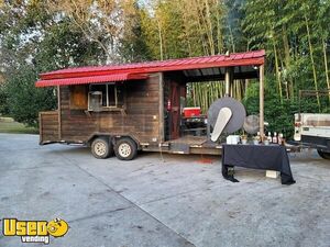 2004 8' x 28' Log Cabin Style Barbecue Concession Trailer with Porch / Mobile BBQ Unit