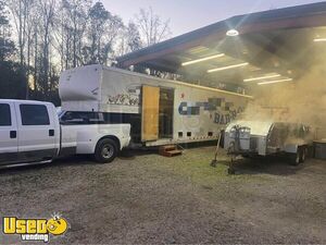 Turnkey Business Wells Cargo BBQ Catering Concession Trailer w/ 2 Ford Trucks