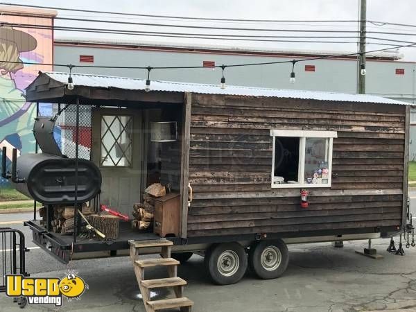 Log Cabin 8.5' x 19' BBQ Concession Trailer with Porch / Used Barbecue Pit